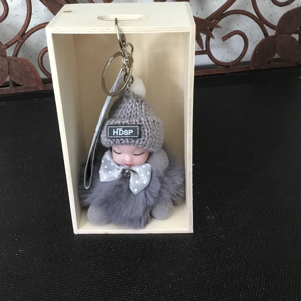 Grey Pom-Pom Plush Keychain Charm box not included